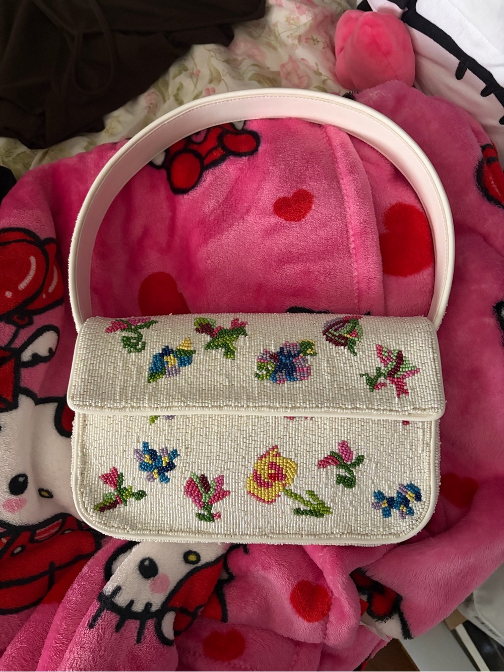 STAUD Ivory Beaded Floral Top-Handle Bag
